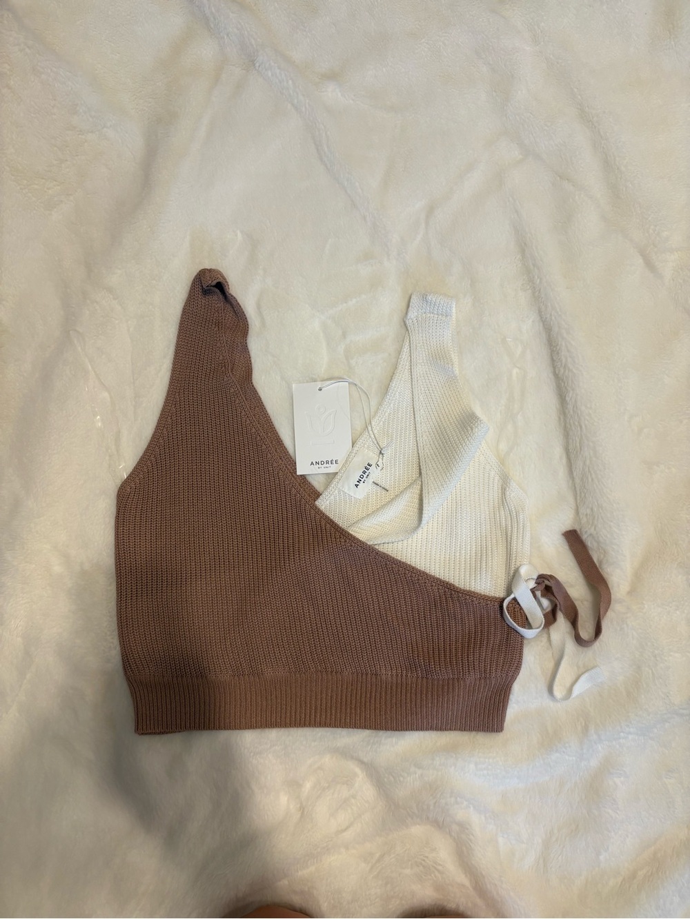Andree Asymmetrical Knit Crop Top in Brown & Cream